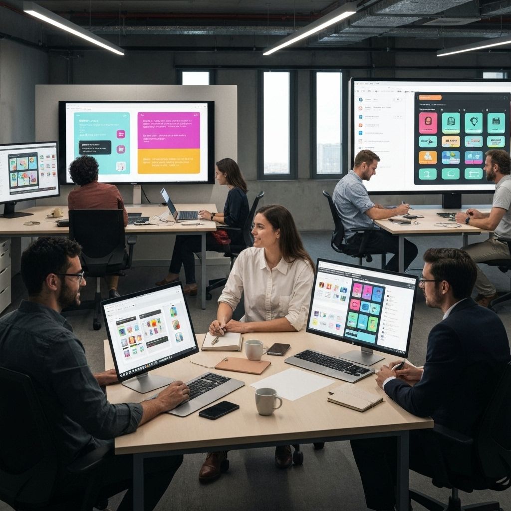 Creative design workspace with colorful UI mockups
